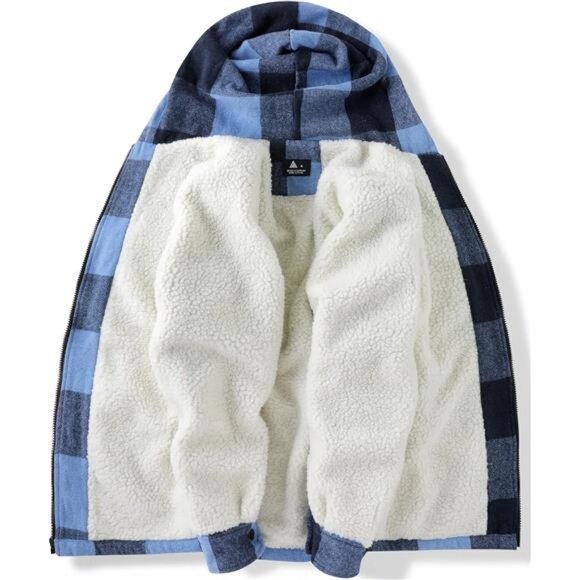 Men's Flannel Shirt Fleece Sherpa Lined Plaid Jackets Coat Full Zip Up Hoodie - Picture 3 of 7